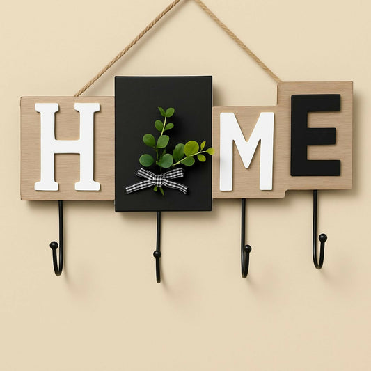 Wooden Wall Mounted Key Holder with Hooks – Decorative “HOME” Letter Design with Artificial Green Leaf Accent and Bow, Rustic Entryway Organizer for Keys, Wallets & Accessories