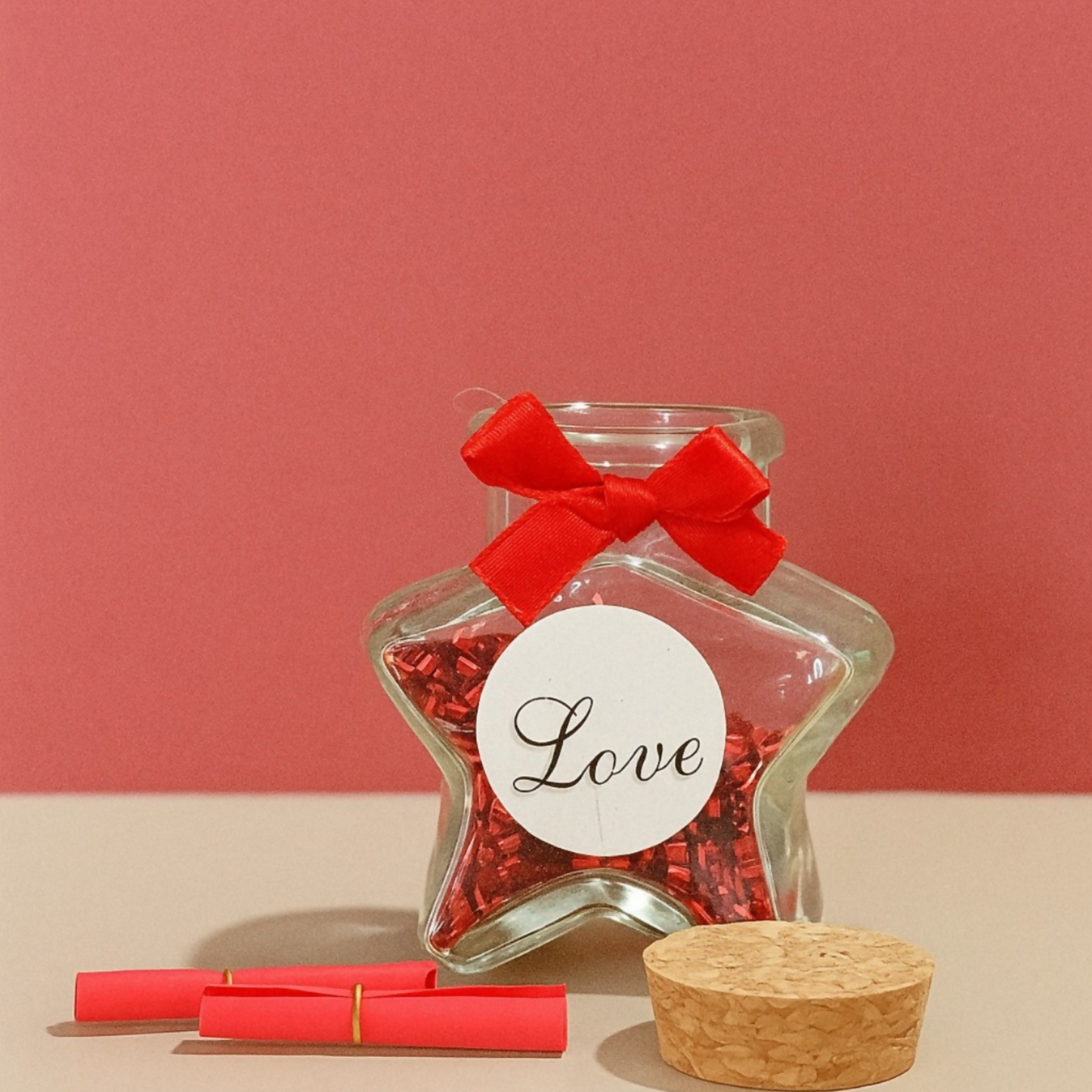 Star Shaped Glass Love Jar Bottles with Cork Lid and Decorative Ribbon – Set of 3 (Red, Blue & Pink) | Cute Romantic Gift Bottles for Valentine’s Day, Anniversary, Birthday, Home Decor | Glitter Filled Mini Message Bottles