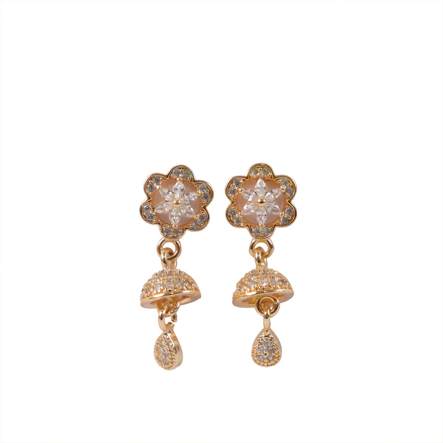 Rose gold floral drop earrings sparkling under light with clear crystals