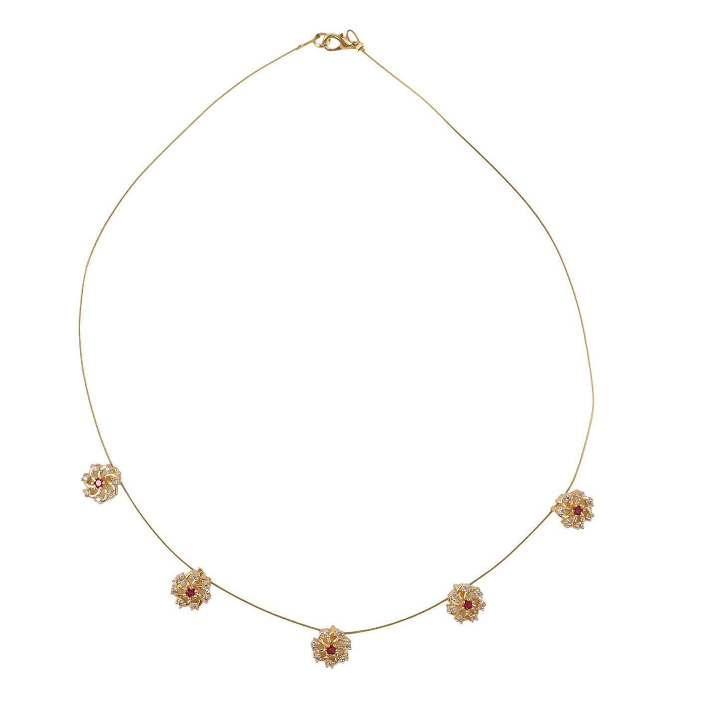 Ruby Floral Station Necklace with Diamond Detailing and Elegant Gold Chain Design