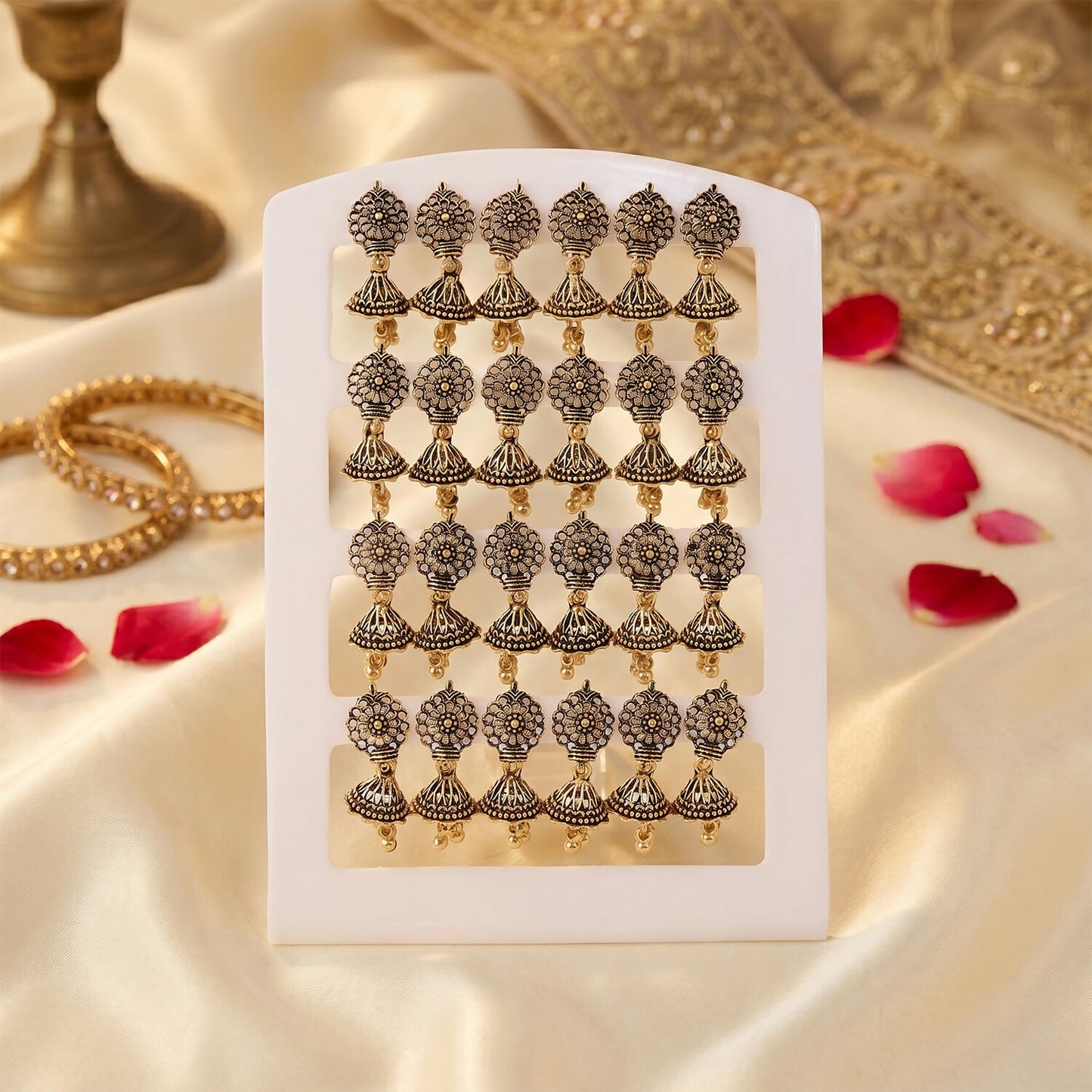 Top View of Floral Jhumka Earrings in 12 Pair Set