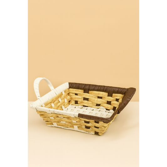 Handcrafted Rectangular Woven Storage Basket – White, Beige & Brown Multipurpose Decorative Organizer with Handle for Fruits, Bread, Snacks, Dry Fruits, Gift Hampers & Table Décor