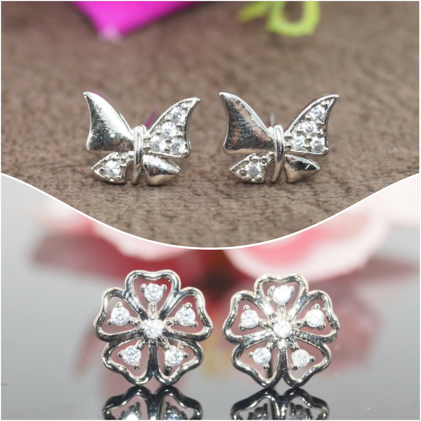 Silver-plated stud earrings set with butterfly and floral designs