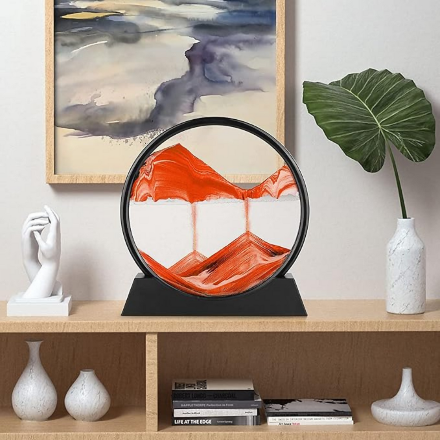 Premium Round Rotating Moving Sand Art Frame for Home & Office Décor | Mesmerizing Flowing Sand Picture with Elegant Black Stand | Relaxing Desktop Motion Showpiece for Living Room, Bedroom & Work Desk | Unique Stress-Relief Gift for All Occasions