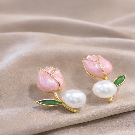 Luxury Pink Tulip Pearl Stud Earrings for Women & Girls – Gold Plated Floral Designer Earrings
