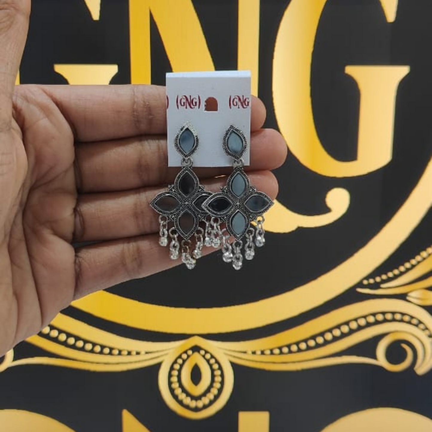 Elegant Oxidised Silver Mirror Jhumka Earings