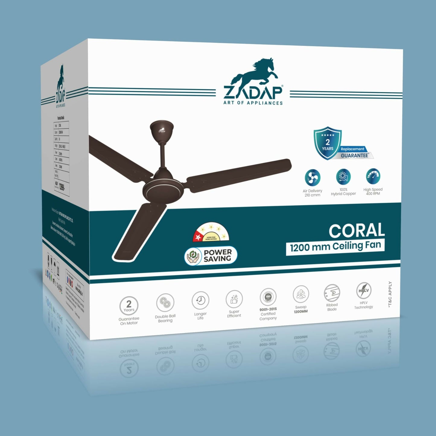ZADAP Coral 1200mm ceiling fan rear view showing motor housing