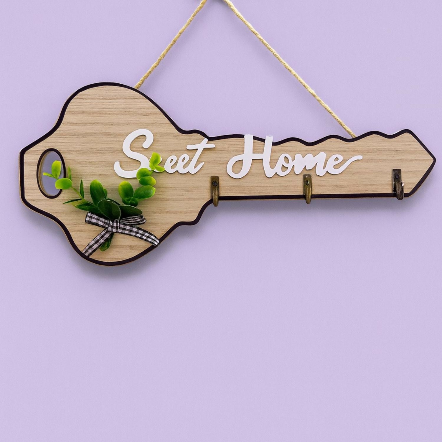 Wooden Key Holder for Wall – Sweet Home Design in Key Shape with Hooks | Decorative Wall Mounted Key Hanger with Faux Plant & Ribbon | Wooden Key Stand for Home, Entryway, Living Room & Office Décor