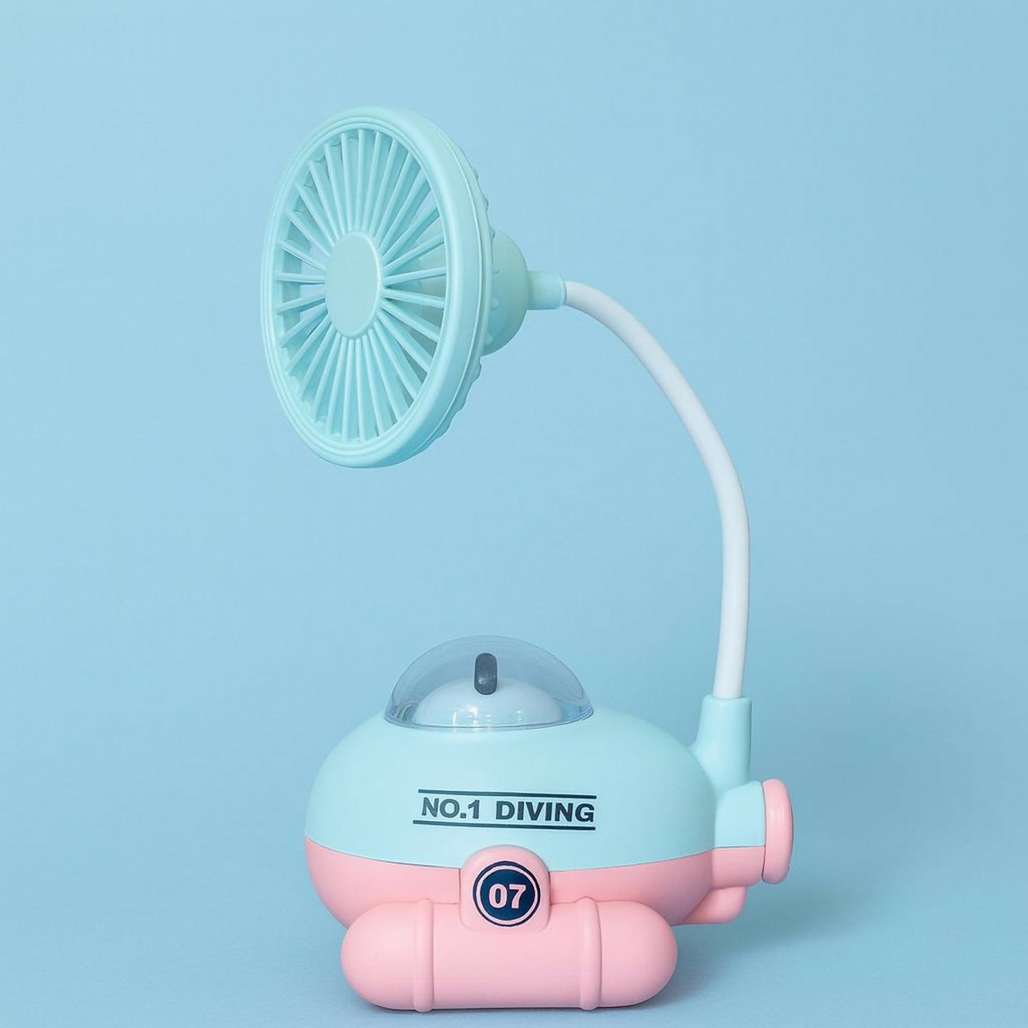 Cute Blue Cartoon Desk Fan with LED Night Light & Pencil Sharpener for Kids