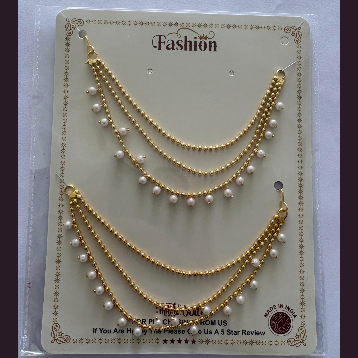 Gold multilayer temple chain jewellery set with dangling white pearls