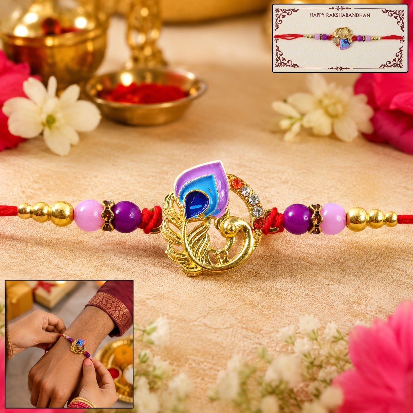 Curved Peacock Purple Blue Designer Rakhi close-up with decorative beads