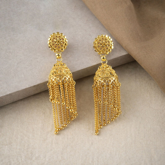 Gold tone long tassel jhumka earrings with floral stud front view