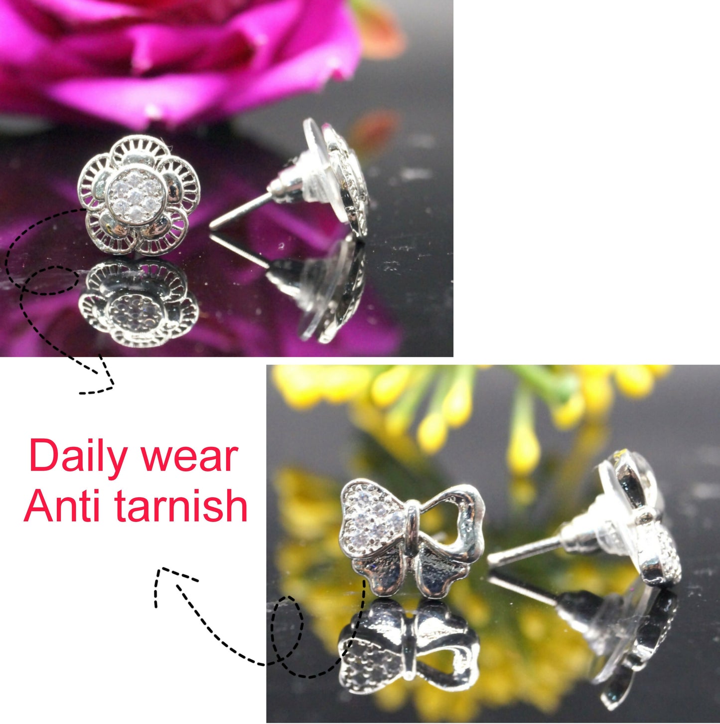 Silver plated flower stud earrings adorned with radiant cubic zirconia stones