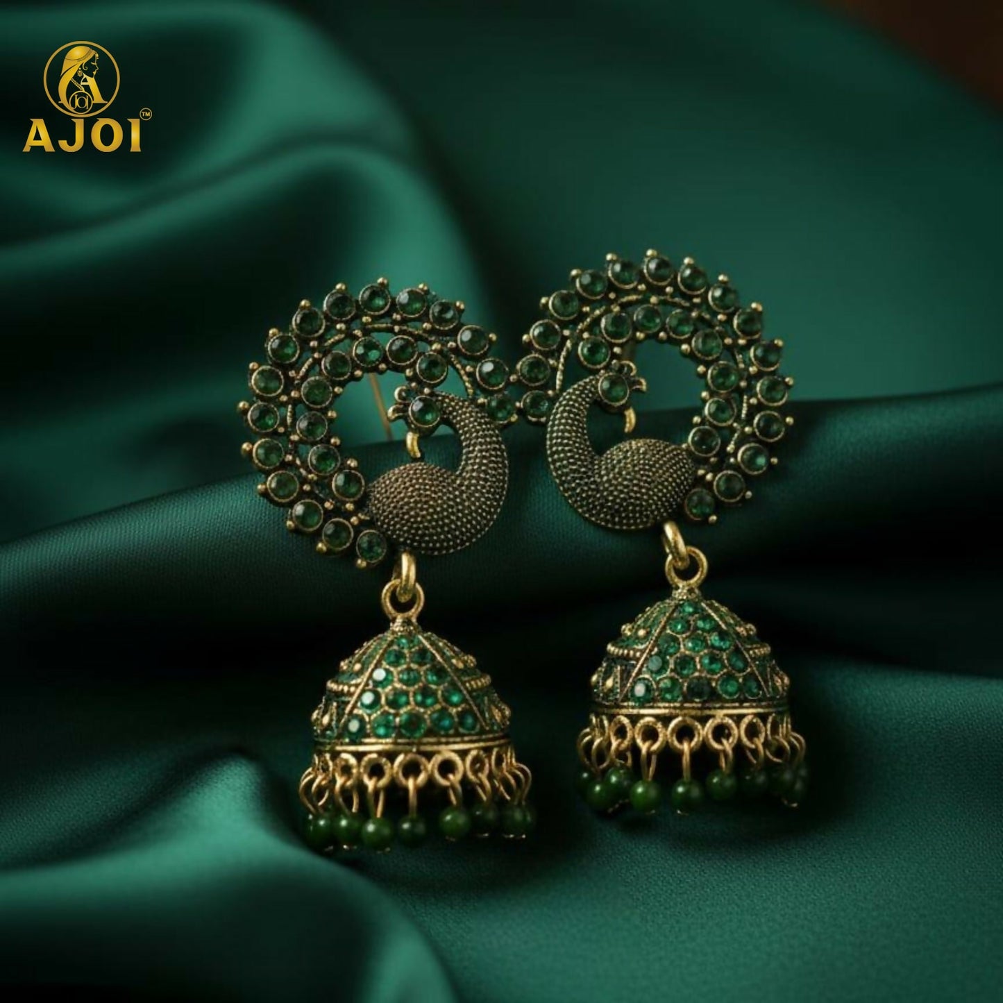 Front view of Peacock Green Stone Jhumka Earrings with antique gold