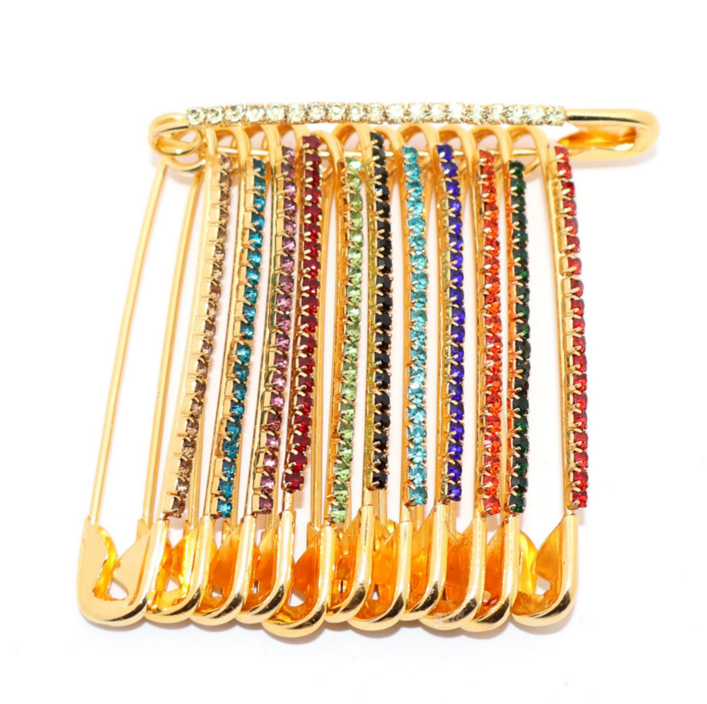 Gold Crystal Safety Pin Brooch - Fan Design Diamond Effect Scarf Clip