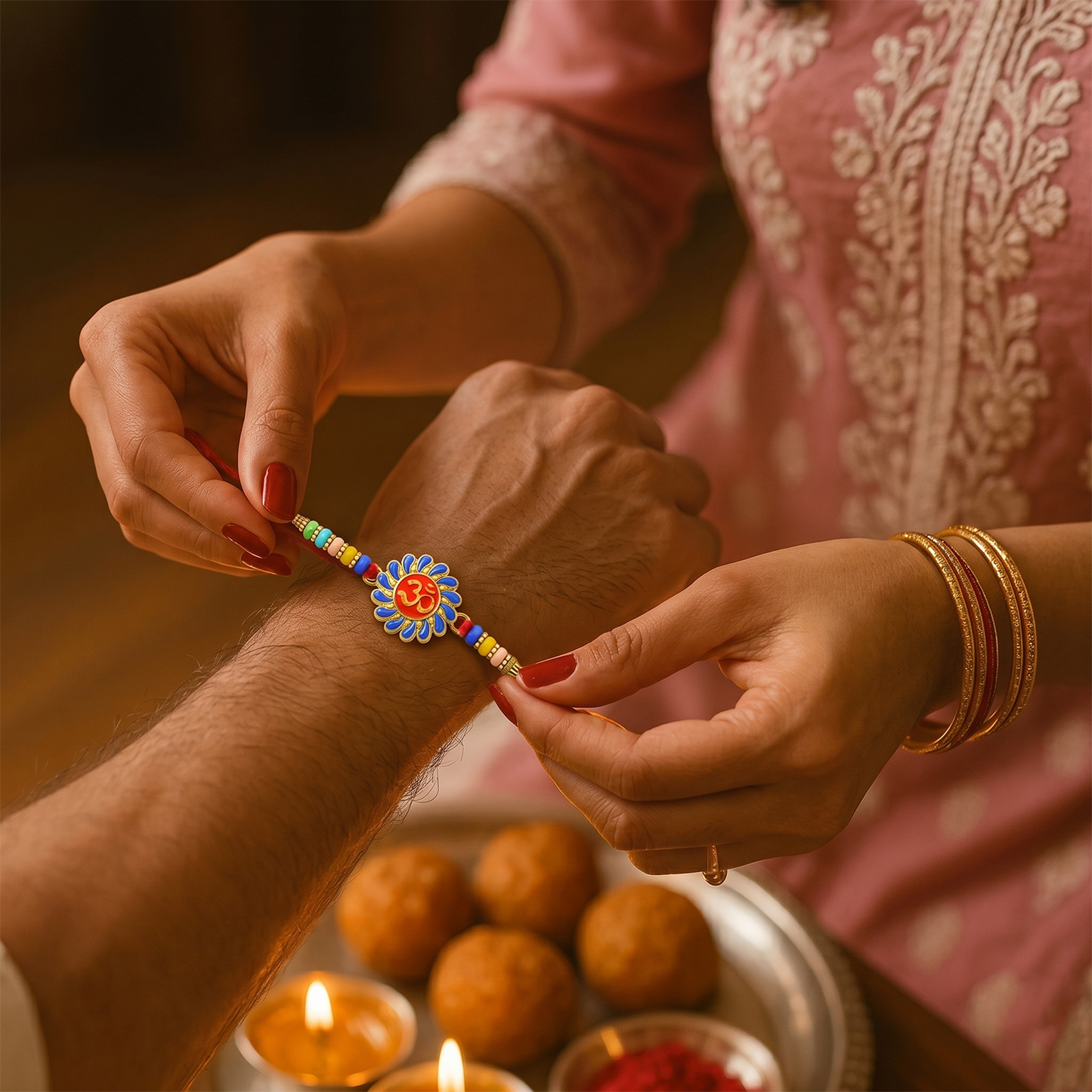 Top view of Om Designer Rakhi showing multicolor bead arrangement