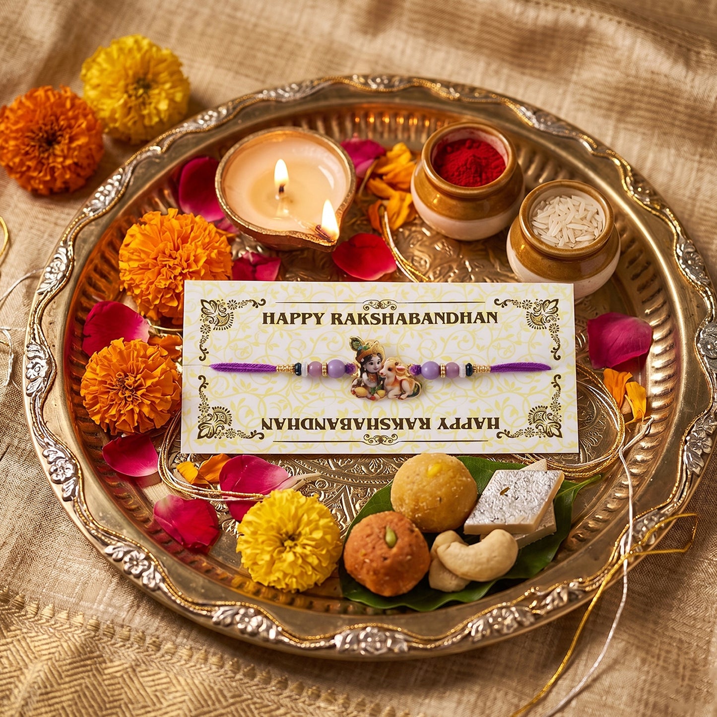 Colorful rakhi thread with bal krishna and cow design