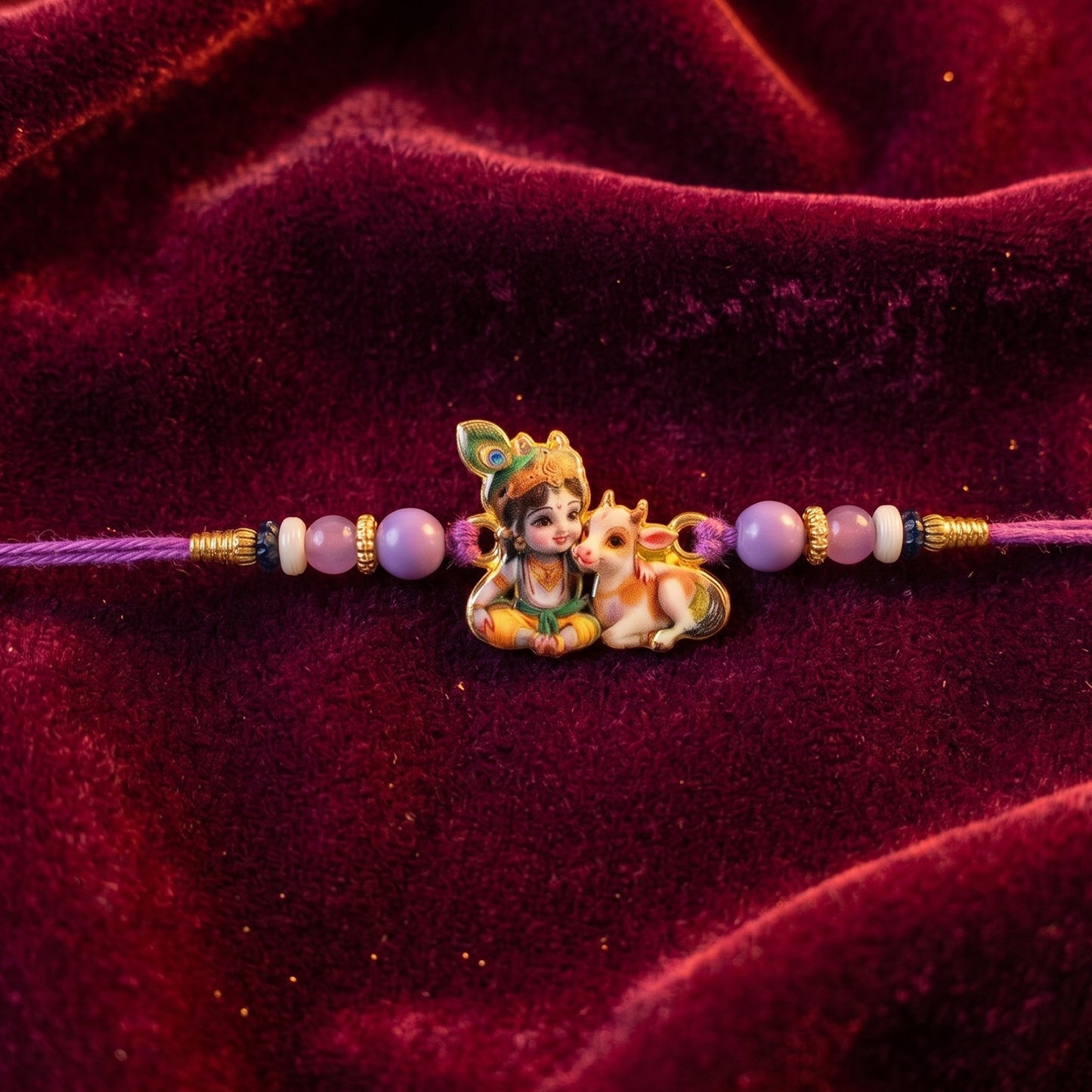 Decorative rakhi featuring bal krishna figurine and beads