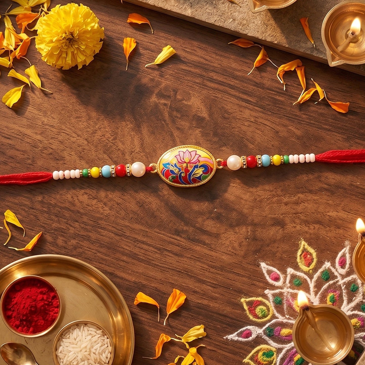 Lotus Floral Rakhi showing soft thread detail