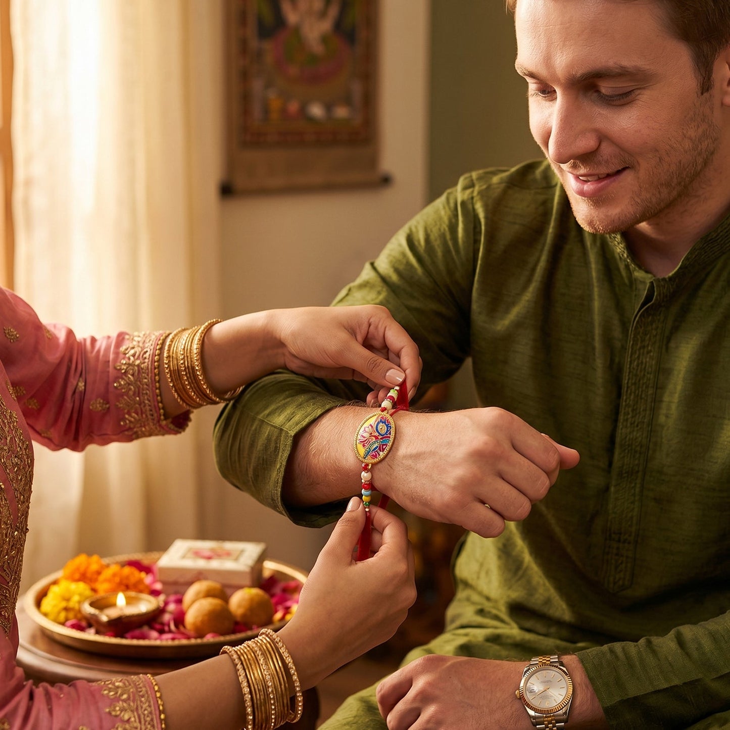 Designer Rakhi centerpiece with beads and thread