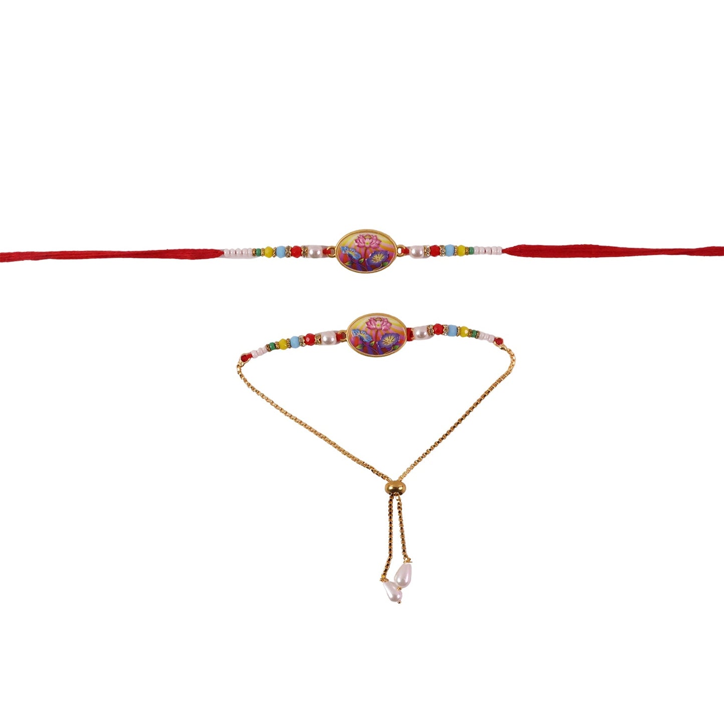 Side angle of Lotus Floral Rakhi with colorful beads