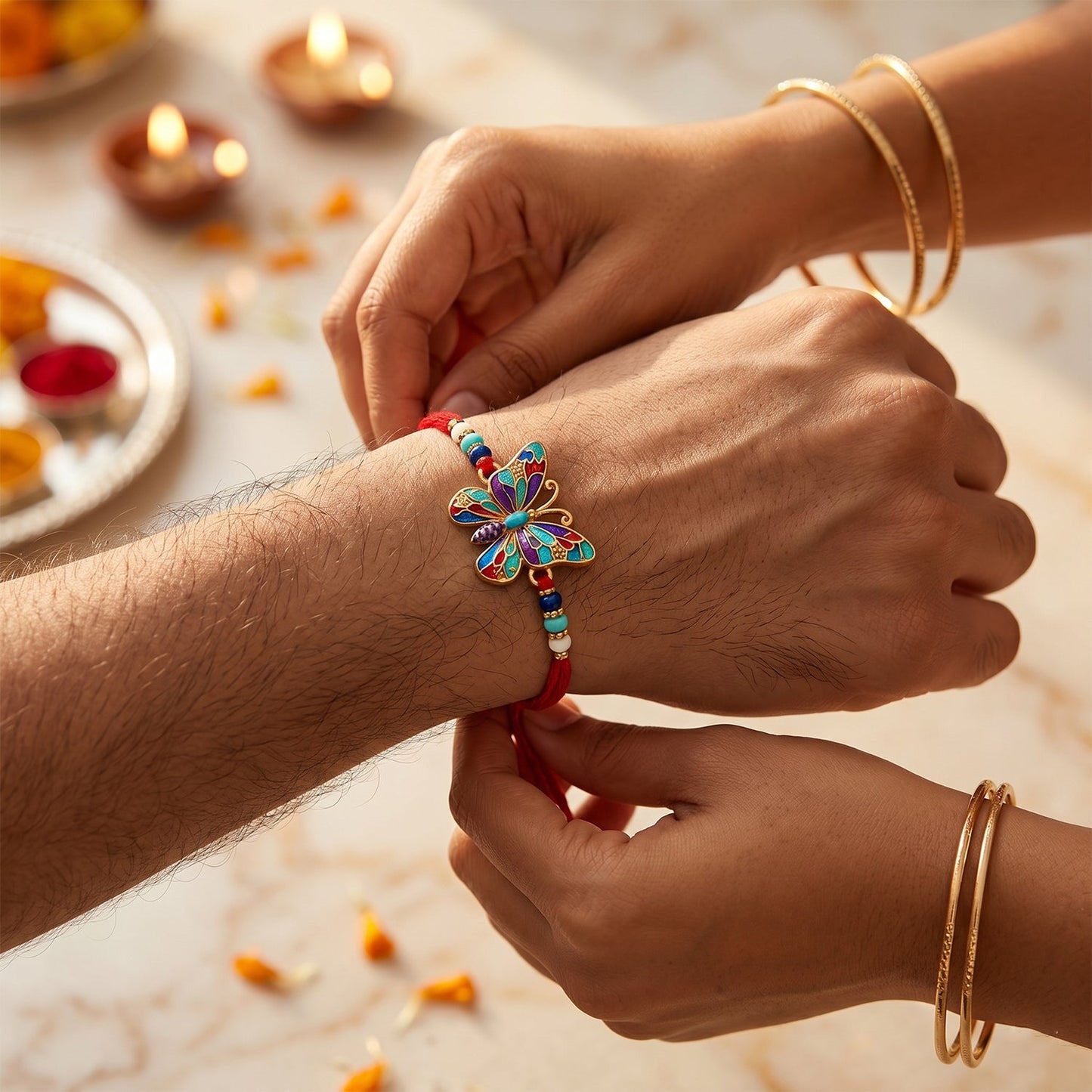 Side angle of Rainbow Butterfly Designer Rakhi with beads