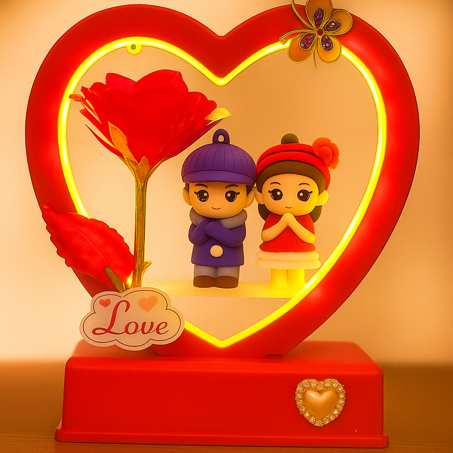 Romantic Heart-Shaped Red LED Couple Showpiece with Artificial Red Rose | Love-Themed Decorative Gift for Bedroom, Anniversary, Valentine, Wedding & Home Decor