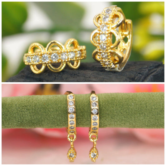Set of gold plated AD Bali hoop earrings with flower and star dangler charms