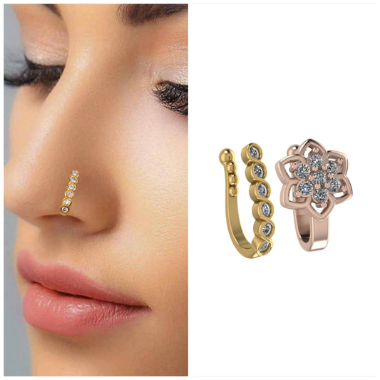 Gold & Silver Tone Nose Clip Combo: Pave, Flower Combo Pack of 2