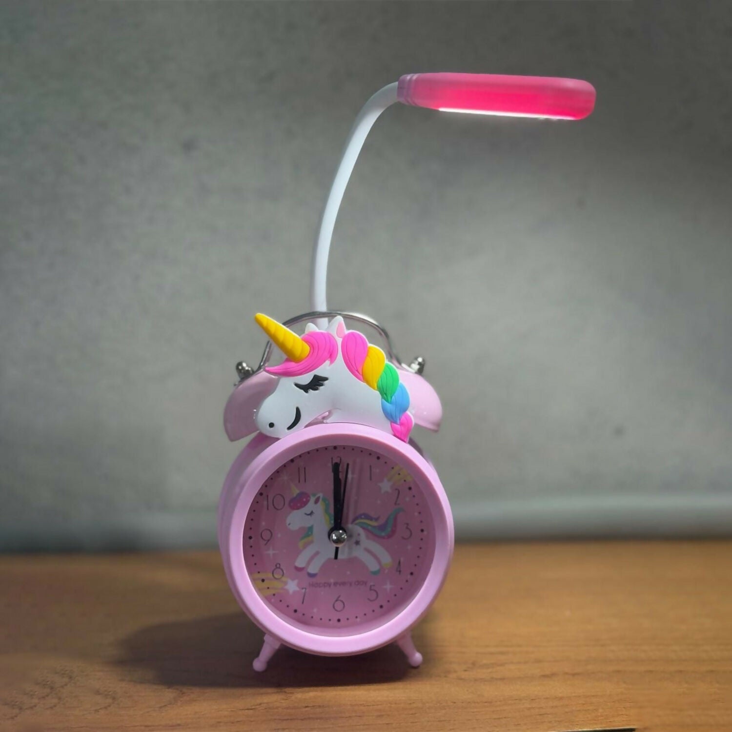 Cute Unicorn Kids Alarm Clock with LED Night Lamp – Pink Cartoon Bedside Table Clock for Girls, Kids Room Decor, Study Desk, Wake-Up Alarm with Flexible Reading Light – Battery Operated
