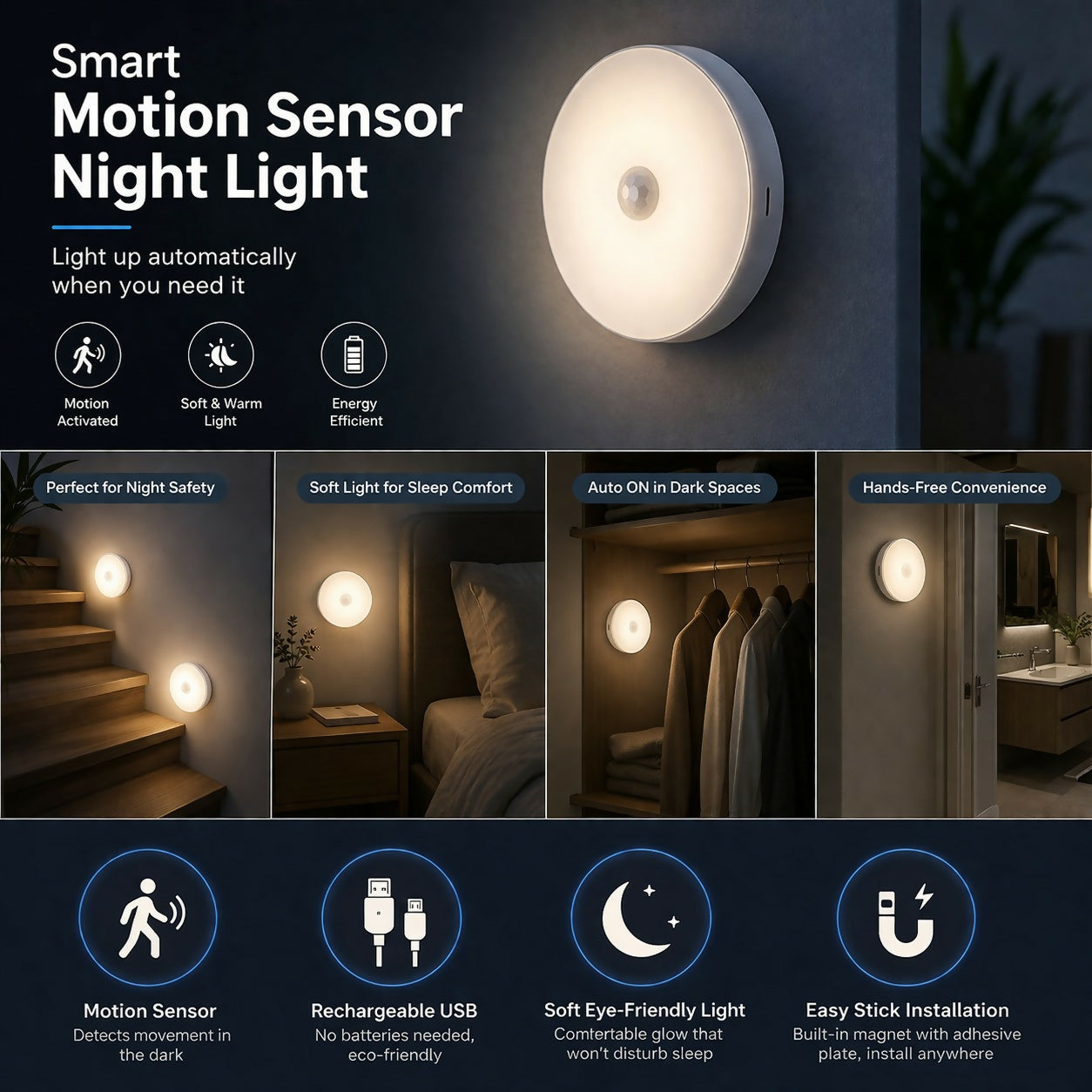 Motion Sensor LED Night Light Rechargeable Wall Lamp