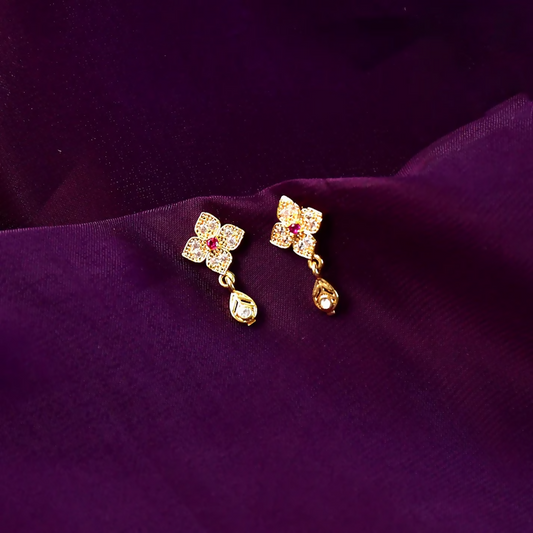 Floral Inspired Gold Earrings with Pink Stone & Hanging Drop