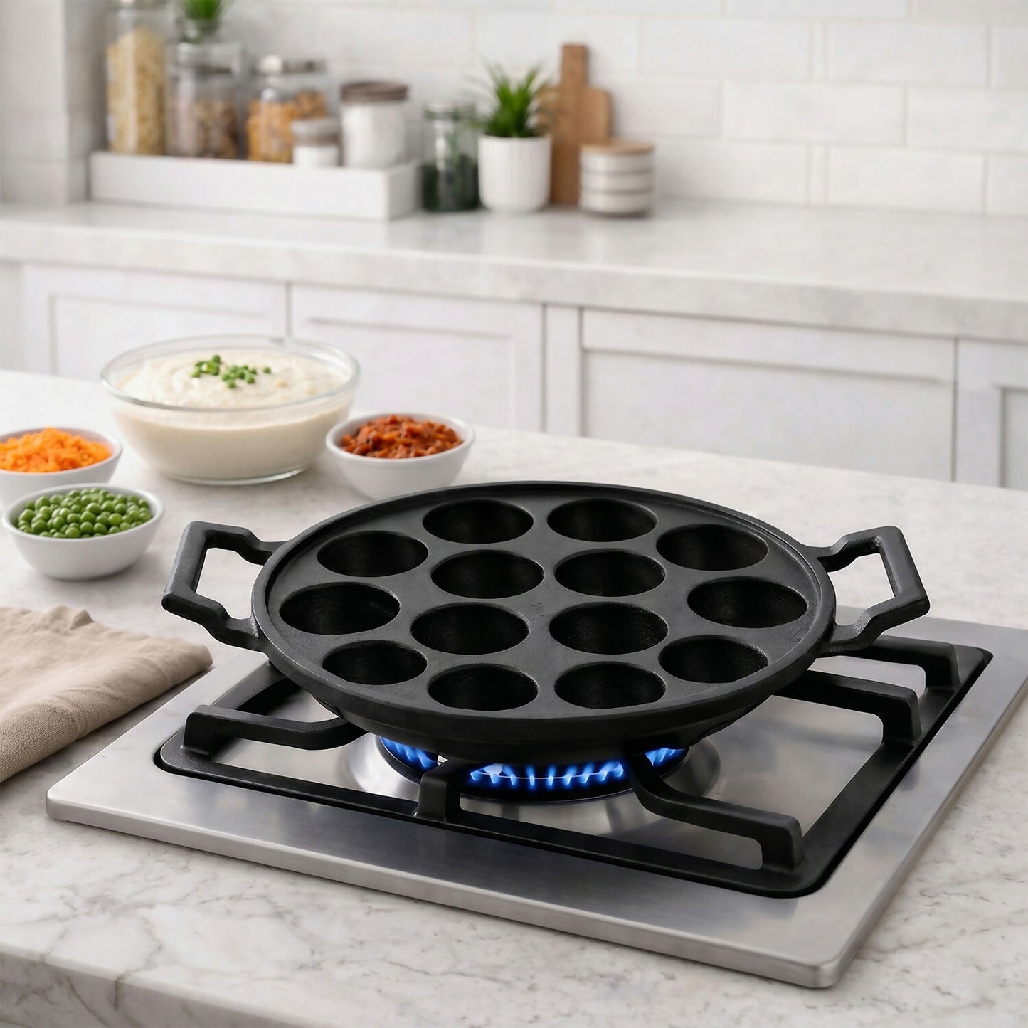 Cooking paniyaram snacks using cast iron 12-cavity pan