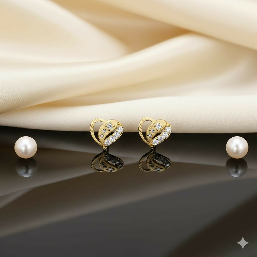 Gold Plated Heart Stud Earrings with Sparkling AD for women and girls