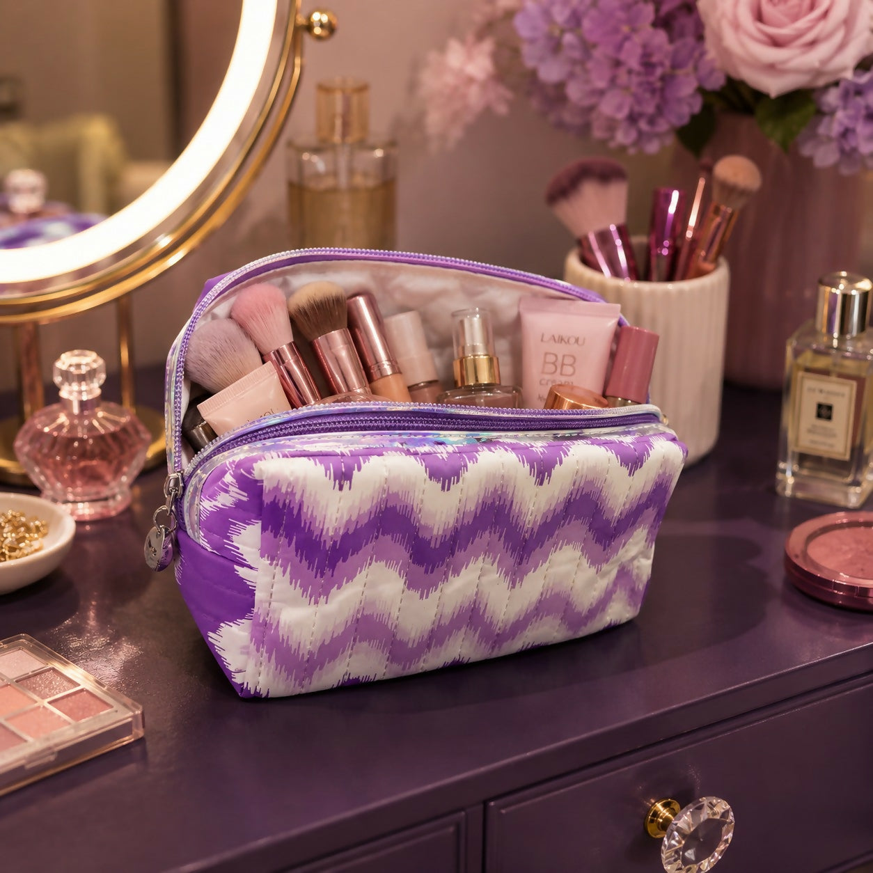 Side view of purple cosmetic and stationery organizer pouch