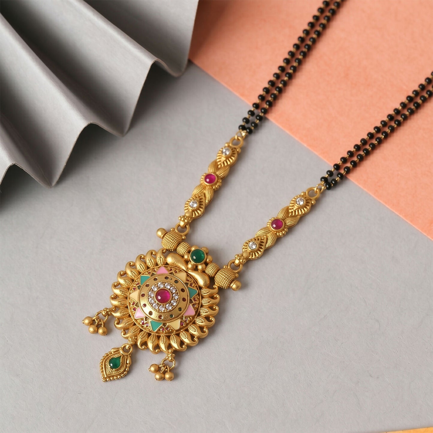 Antique Finish Sun Wheel Pendant with Multi-Petal Enamel Double Strand Mangalsutra