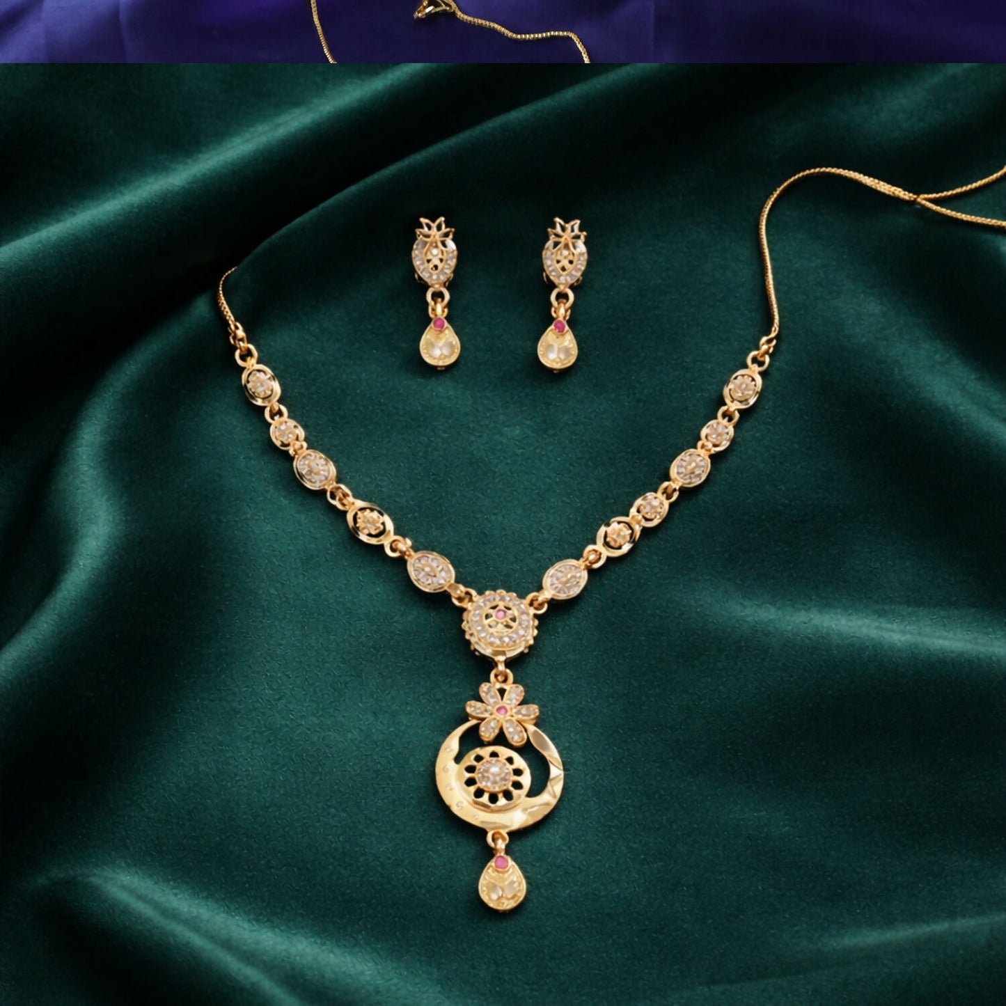 Stylish Gold-Tone Circular Pendant Necklace Set with Floral Accent & Matching Earrings