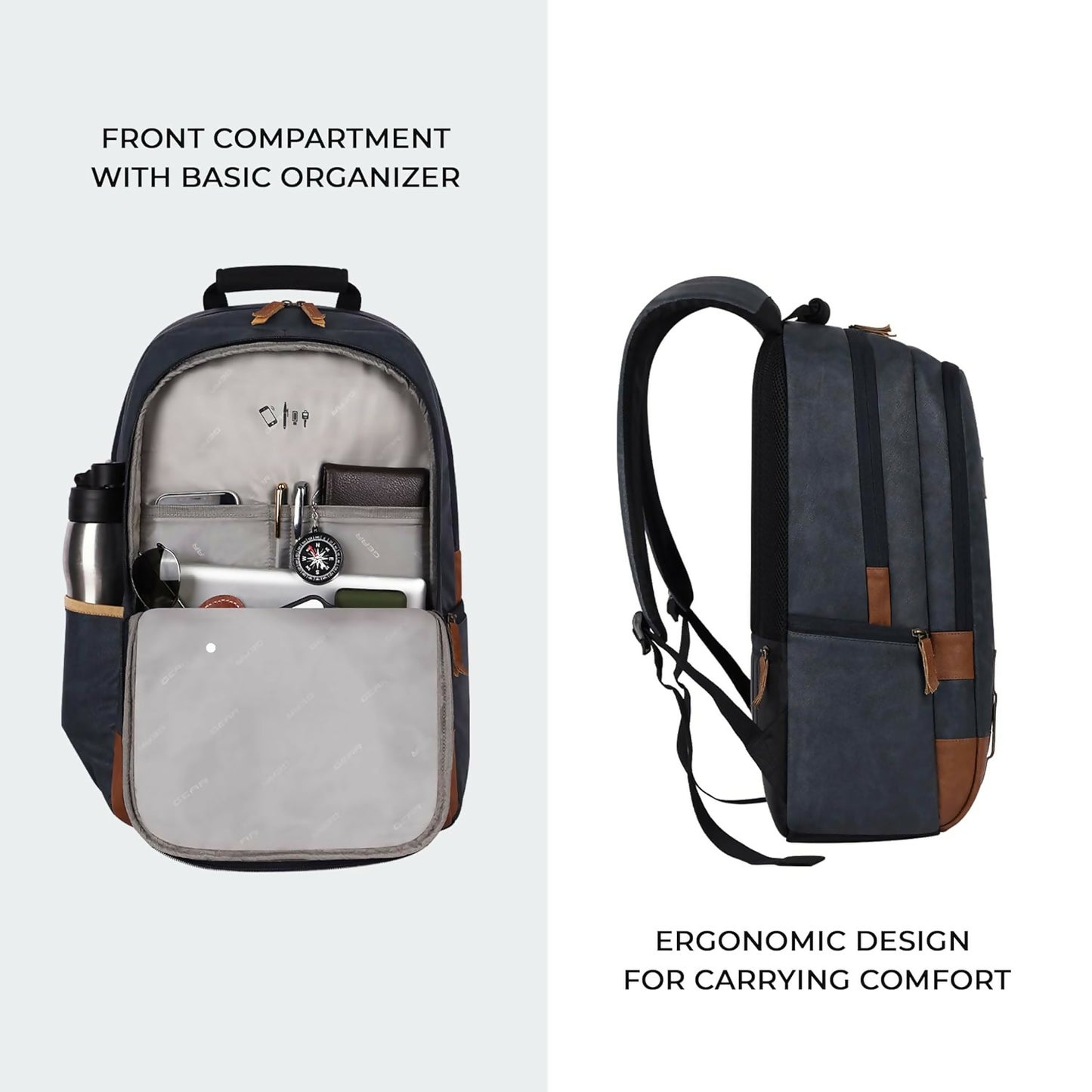 GEAR Laptop Back Pack Classic Faux Leather Navy Blue Tan