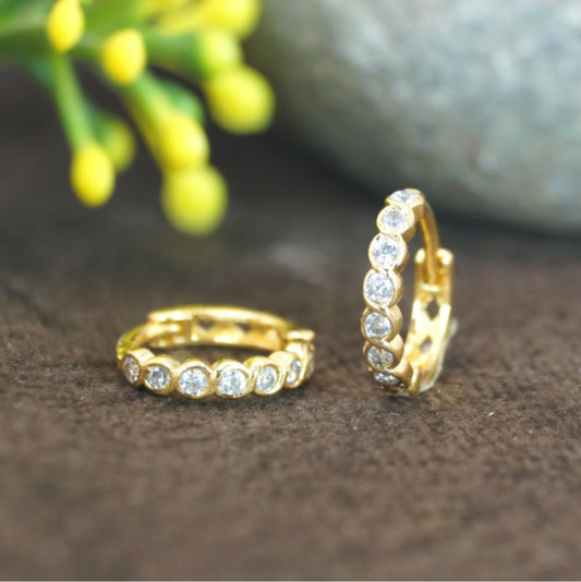 Gold Plated Bezel AD Bali Huggie Hoop Earrings for Daily Wear kan ki Bali Combo Pack of 2