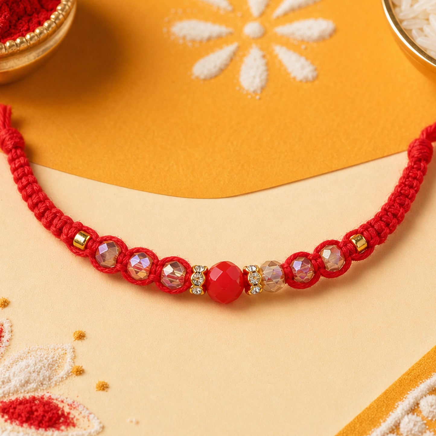 Red Braided Rakhi with a Row of Sparkling Crystal Bead Accents