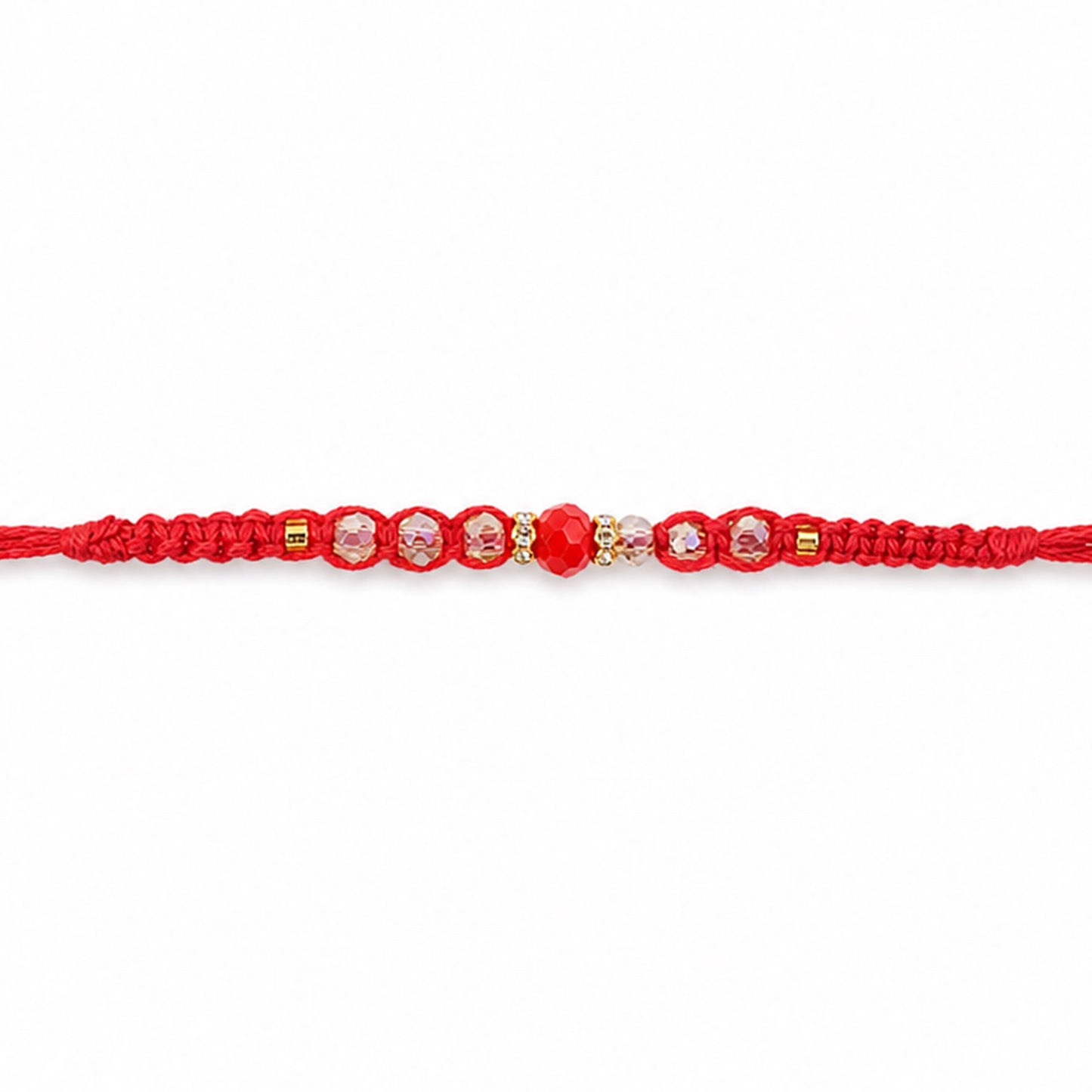 Red Braided Rakhi with a Row of Sparkling Crystal Bead Accents
