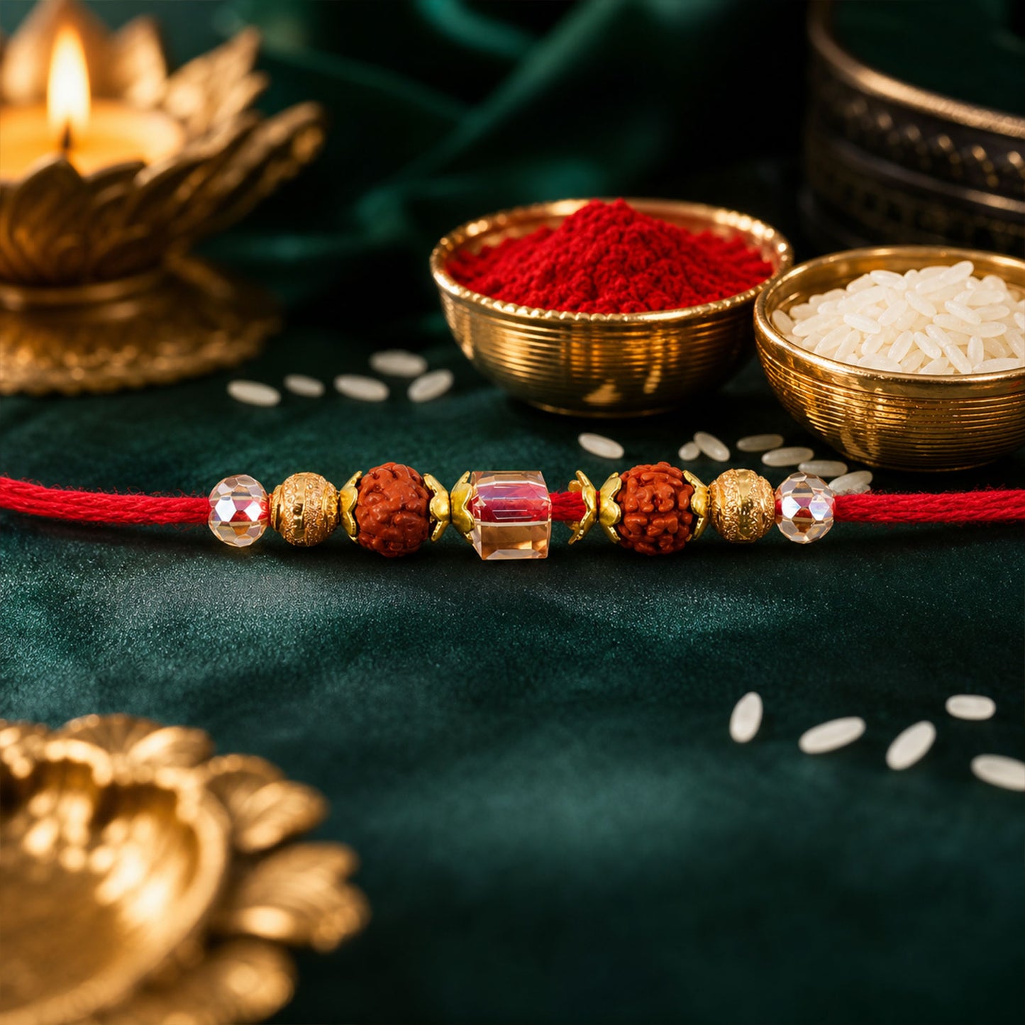 Red Thread Rakhi with Rudraksha and Sparkling Crystal Bead Accents