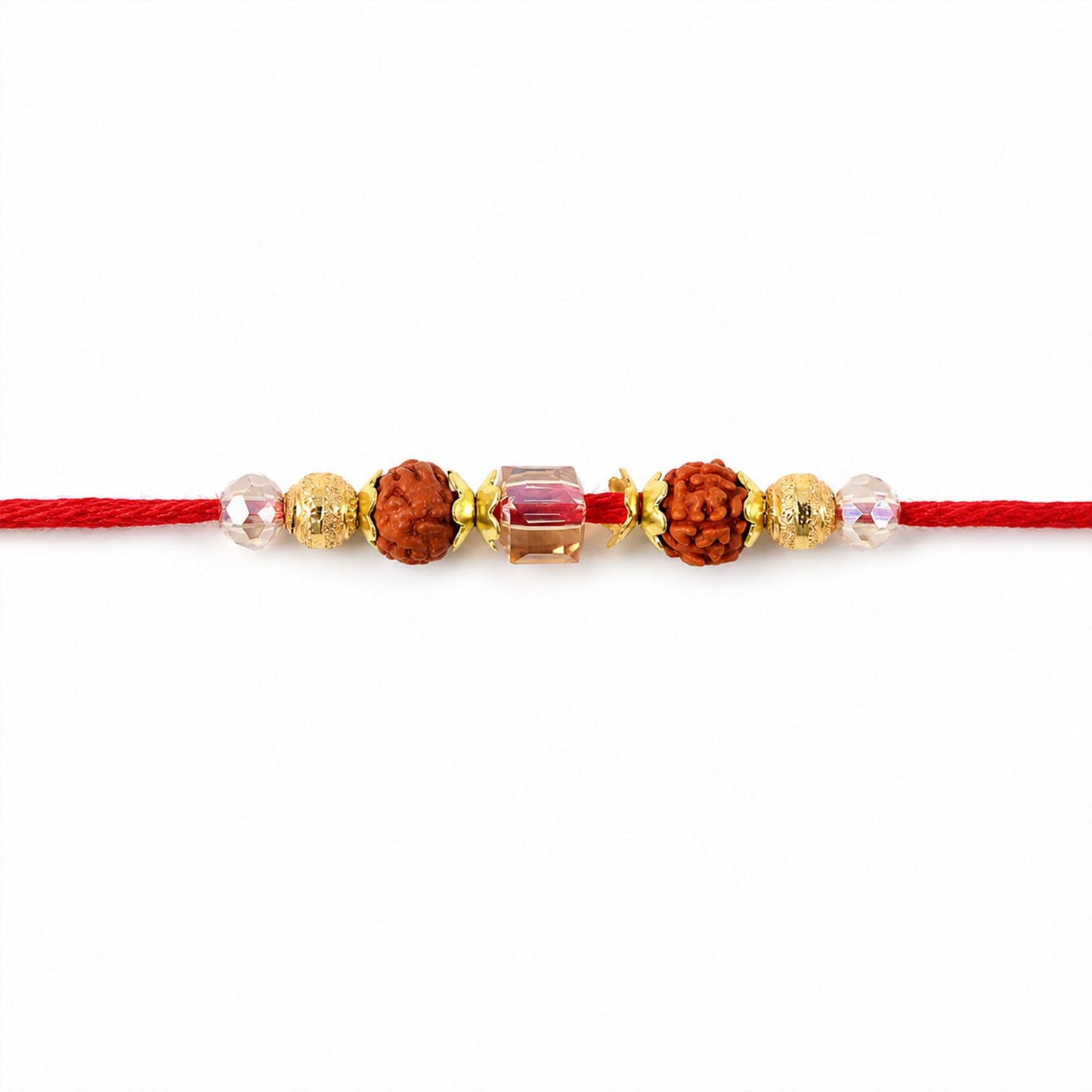 Red Thread Rakhi with Rudraksha and Sparkling Crystal Bead Accents