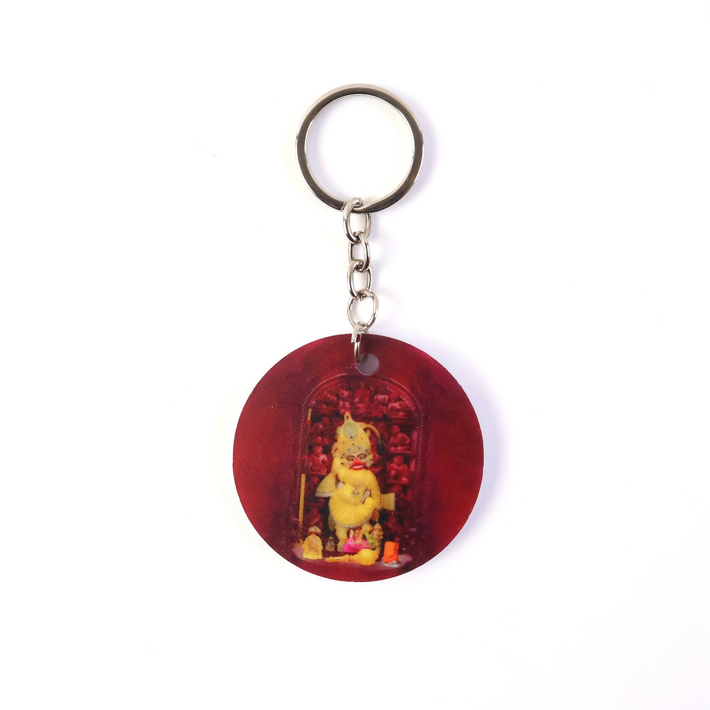 Devotional Hanuman Mandir Printed Round Keychain – Rich Maroon Finish & Durable Metal Ring