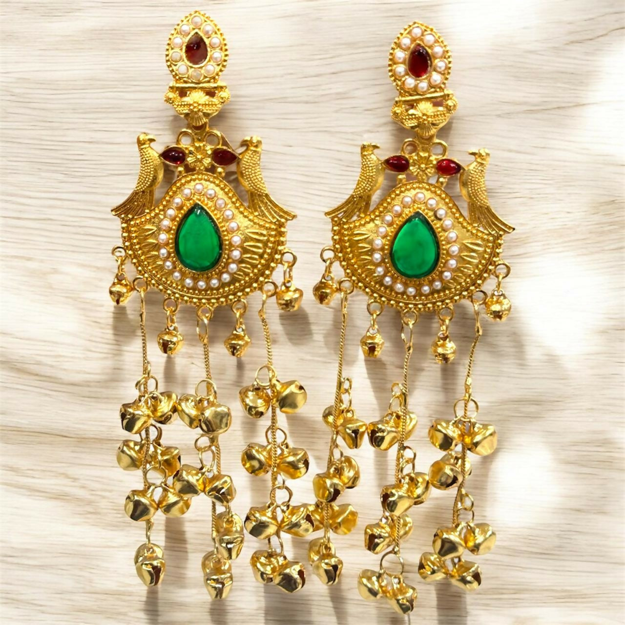 Traditional Kashmiri Gold-Plated Jhumka Earrings with Green Stone & Ghungroo Drops