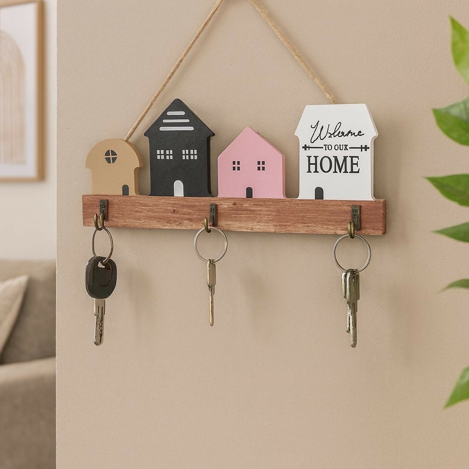 Wooden Key Holder for Wall – Decorative House Shaped Hanging Key Organizer Rack with 4 Hooks – “Welcome to Our Home” Design, Rustic Wall Décor for Entryway, Living Room & Office