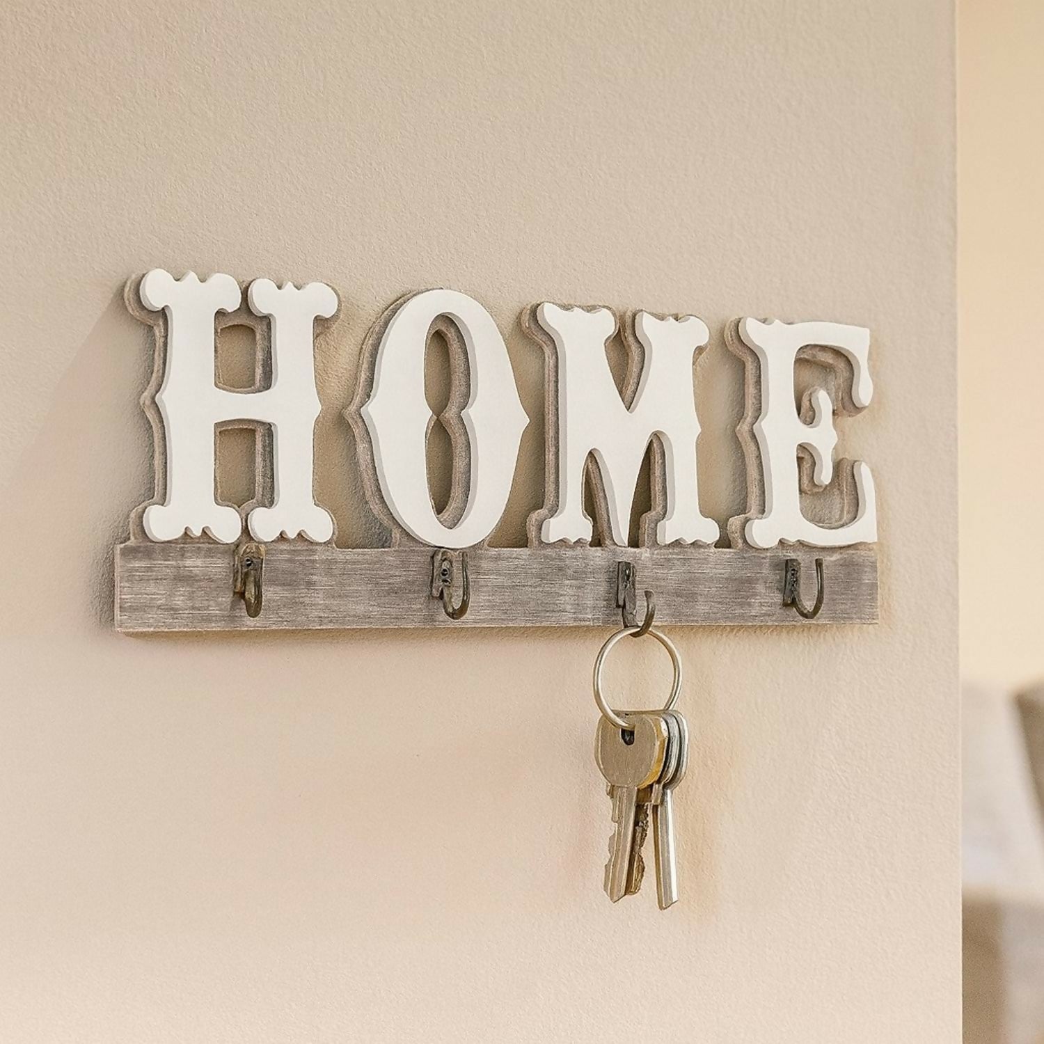 Rustic Wooden Wall Key Holder with “HOME” Letter Design – Decorative Wall Mounted Key Rack with 4 Metal Hooks for Entryway, Living Room & Office Organizer