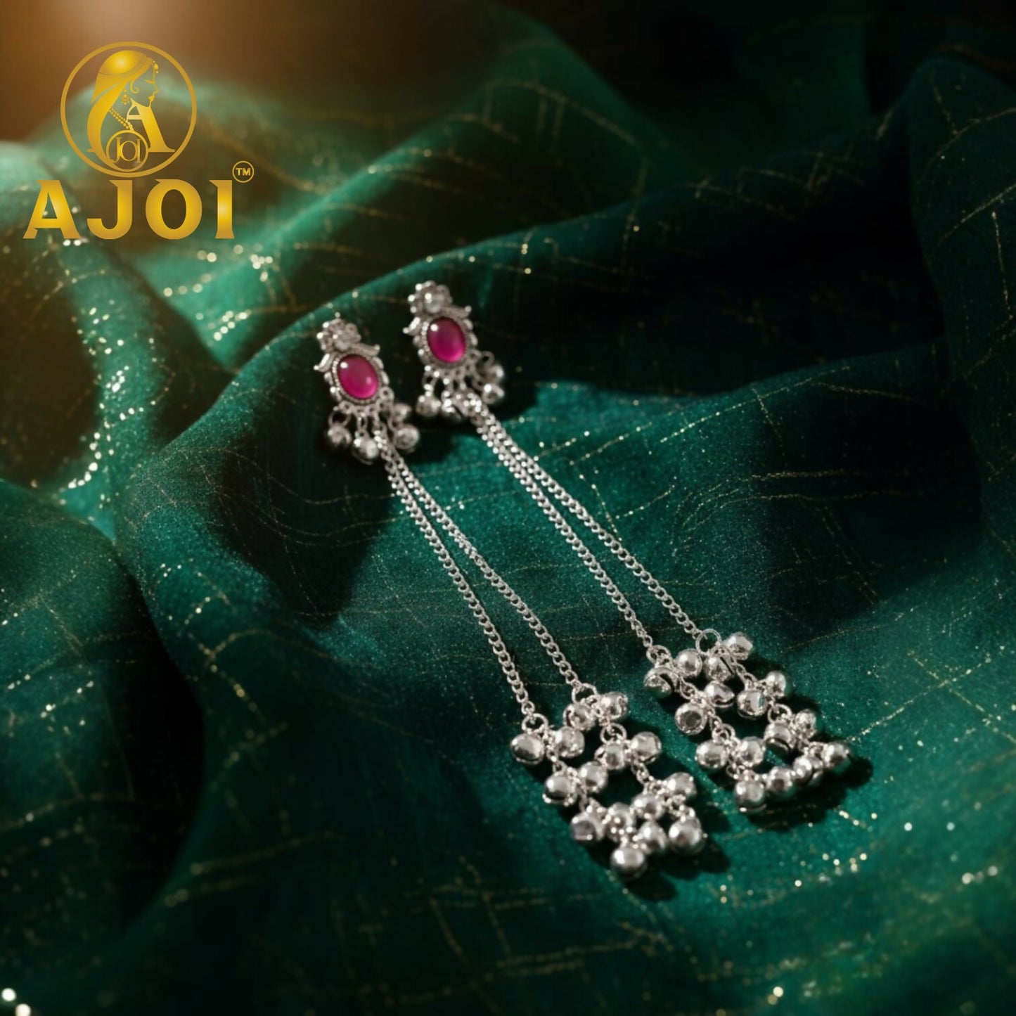 Kashmiri silver-tone ruby chain drop earrings showing deep ruby stone and cascading chains