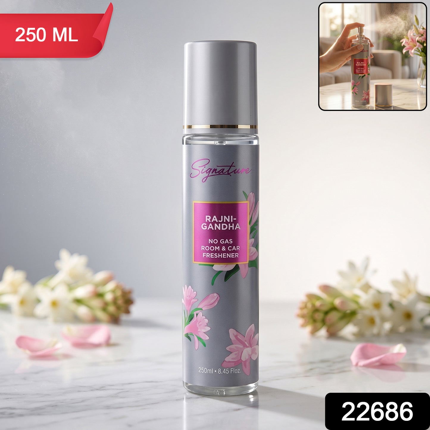 Floral Rajnigandha car freshener spray bottle
