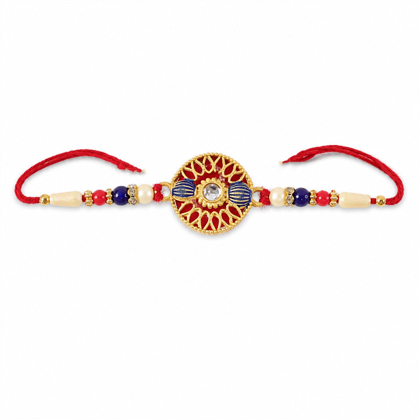 Raksha Bandhan Rakhi with golden threads and pearl accents.